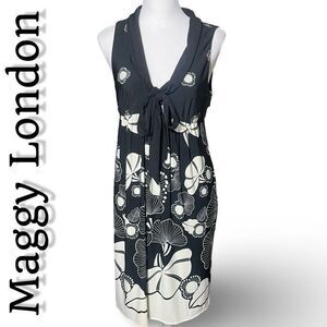 MAGGY LONDON Black & Off-White Floral Dress, Tie Front Accent, Size 10